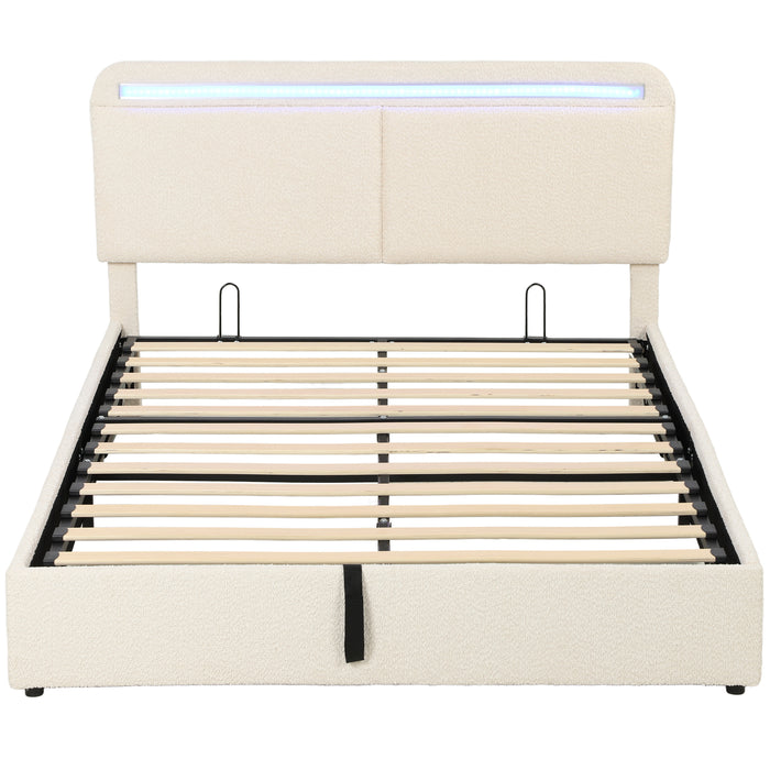 Lit coffre 160x200 en velours crème avec tête de lit LED et sommier à lattes