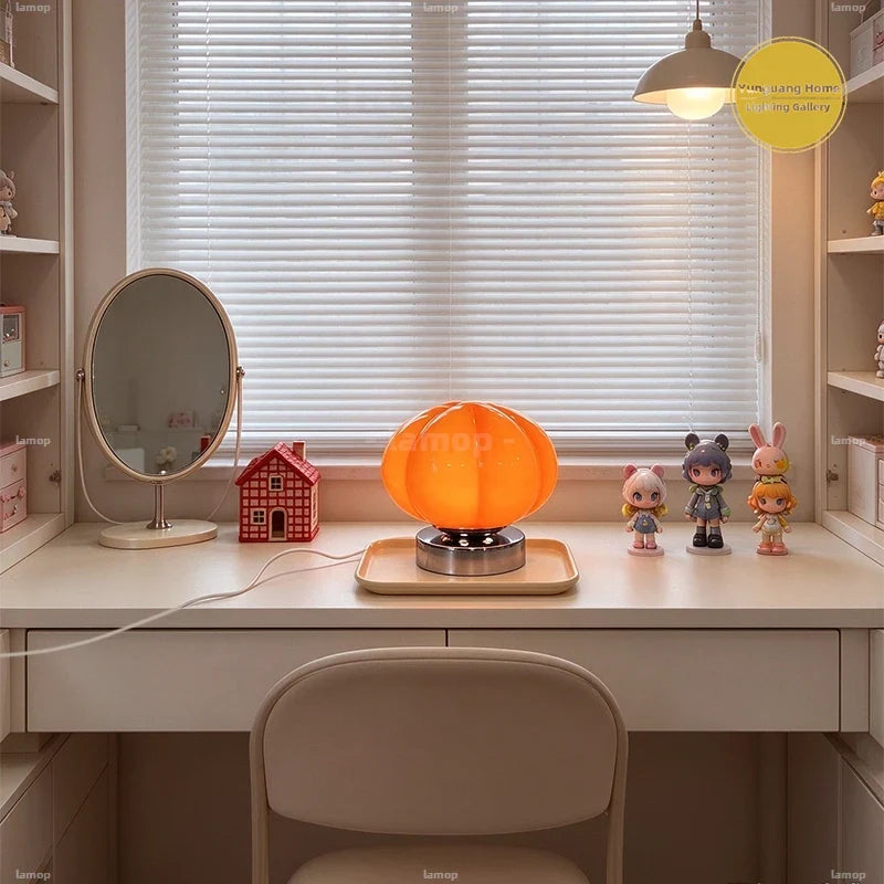 Lampe de chevet rétro en verre orange en forme de citrouille