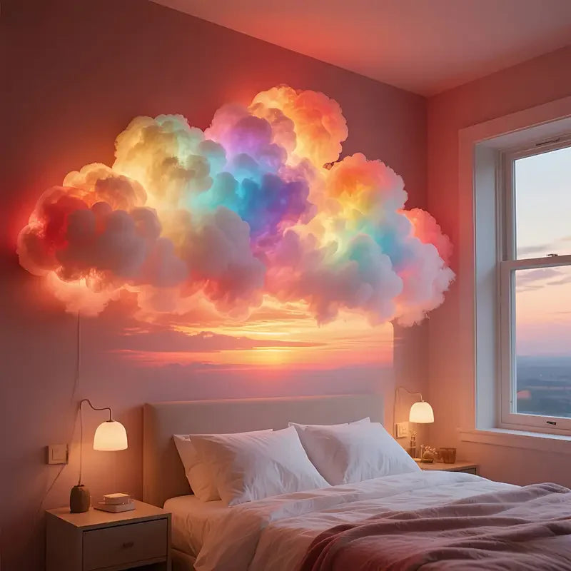 Lampe nuage d'orage LED multicolore au-dessus d'un lit