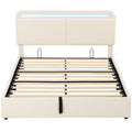 Lit coffre 140x190 en tissu bouclé crème avec tête de lit LED, sommier à lattes relevé