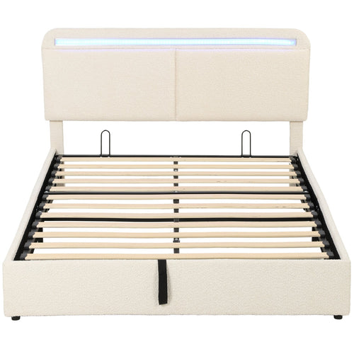 Lit coffre 140x190 en tissu bouclé crème avec tête de lit LED, sommier à lattes relevé
