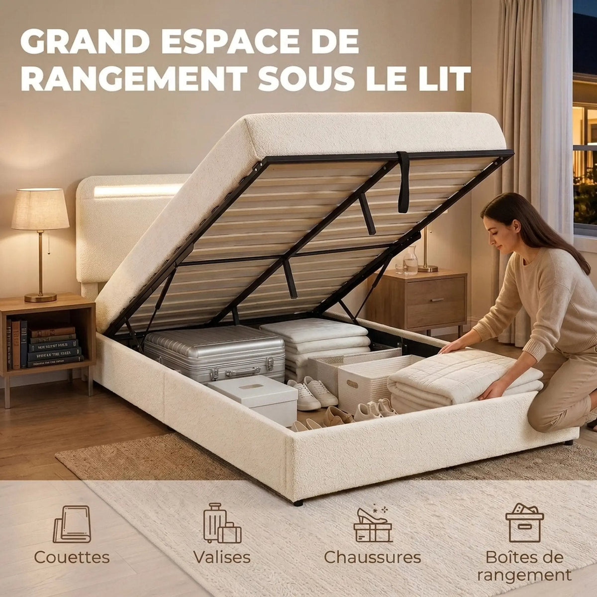 Grand espace de rangement sous le lit coffre : couettes, valises, chaussures, boîtes