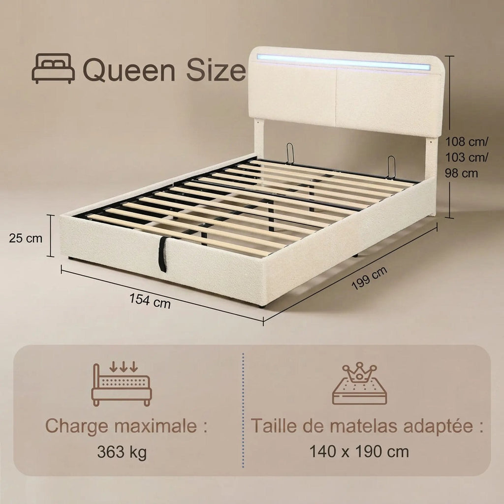 Dimensions du lit coffre 140x190 : 154 x 199 cm, hauteur 25 cm, charge maximale 363 kg