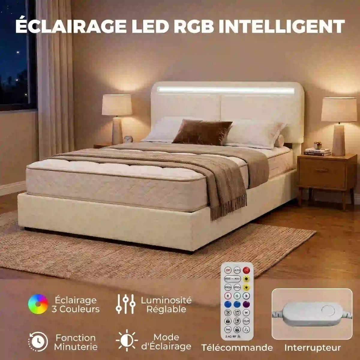 Éclairage LED RGB de la tête de lit : 3 couleurs, luminosité réglable, minuterie, télécommande