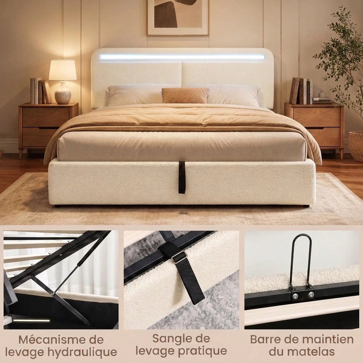 Mécanisme de levage hydraulique, sangle de levage et barre de maintien du matelas