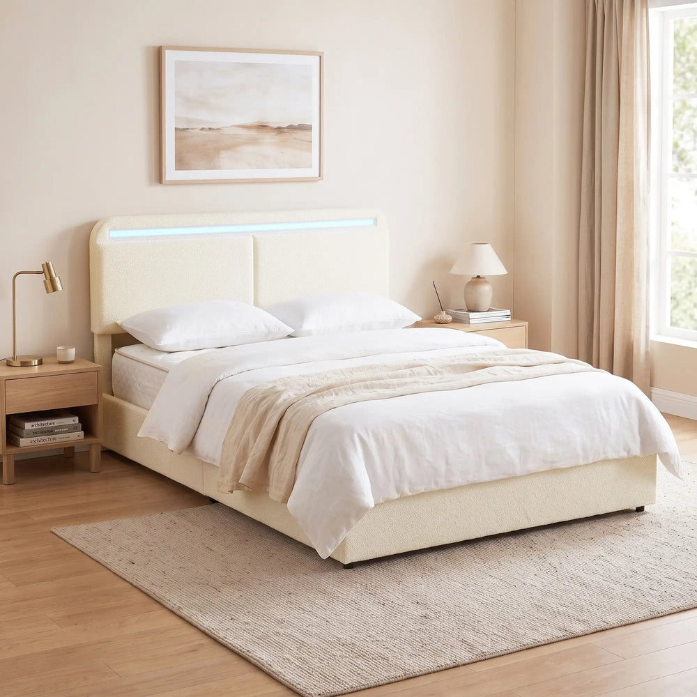 Lit coffre 140x190 fait, tête de lit bouclée crème avec bandeau LED allumé