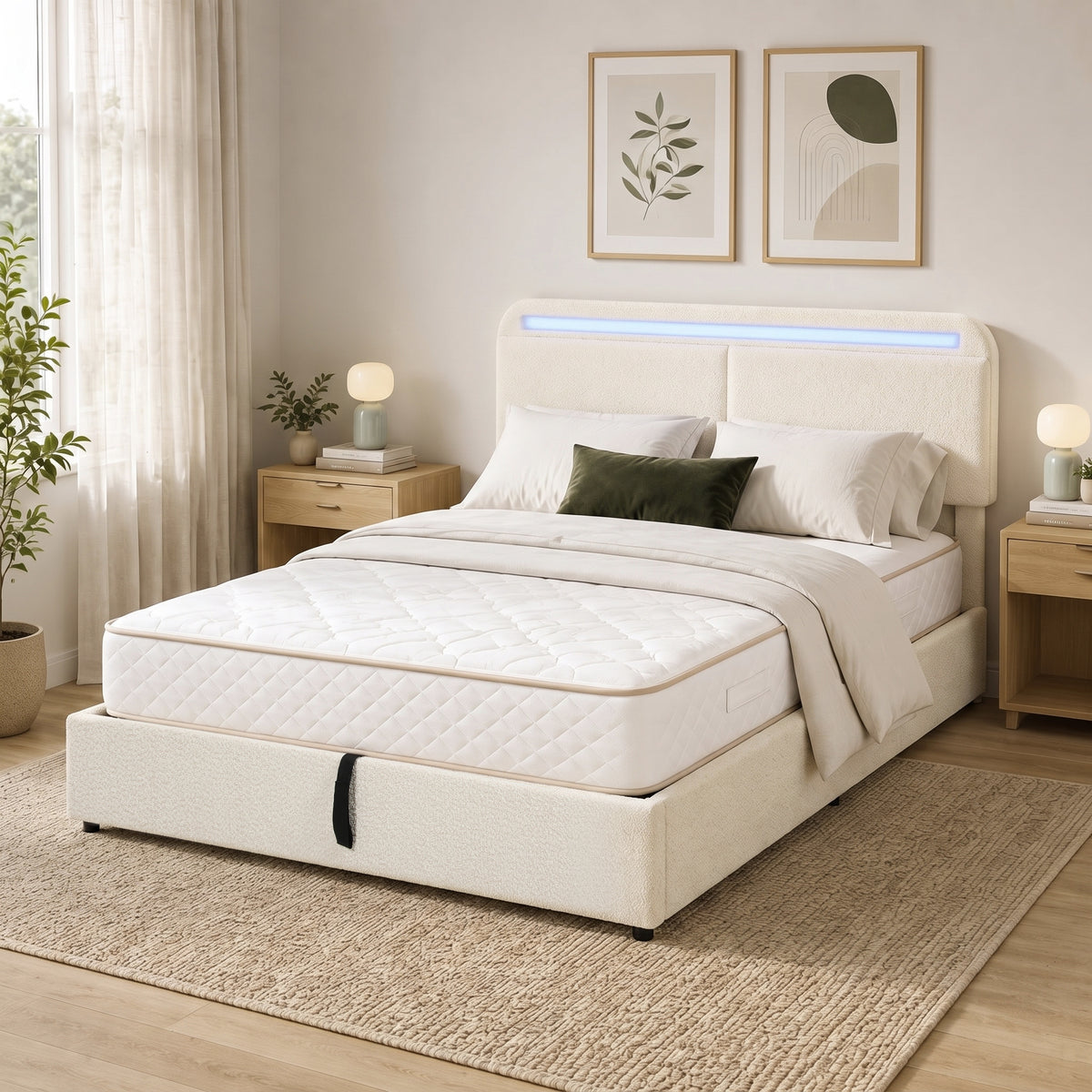 Lit coffre 160x200 velours crème avec matelas dans une chambre