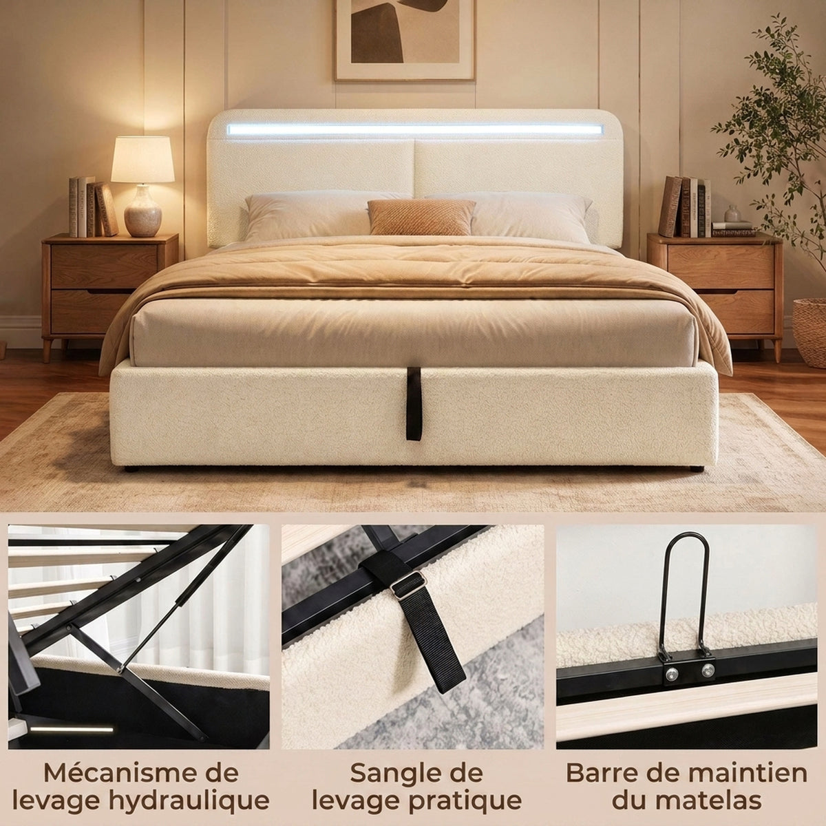 Coffre du lit 160x200 ouvert avec rangement de linge dans une chambre