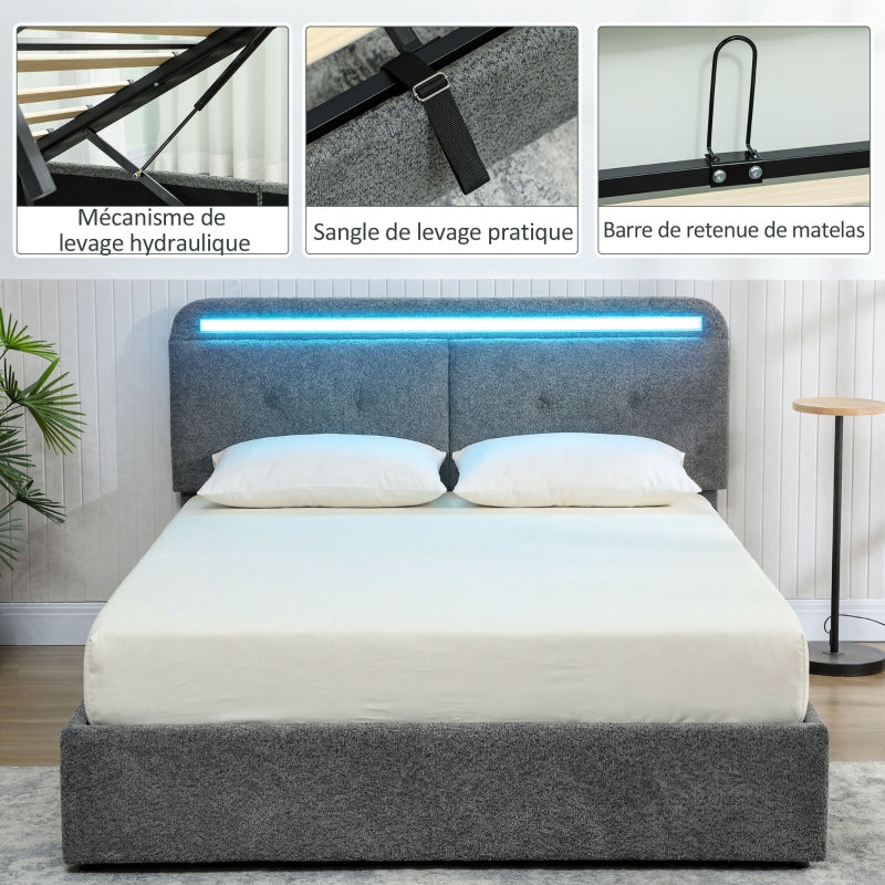Lit coffre 140x190 gris fait, bandeau LED allumé à la tête de lit