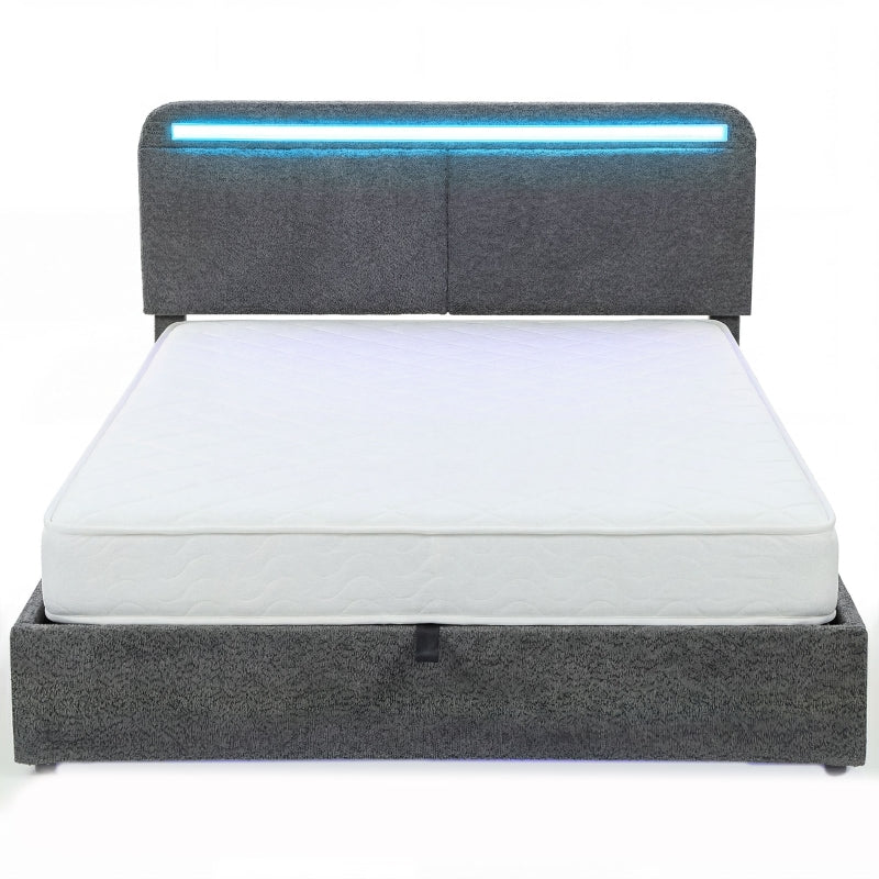Lit coffre 140x190 gris vu de face, matelas installé