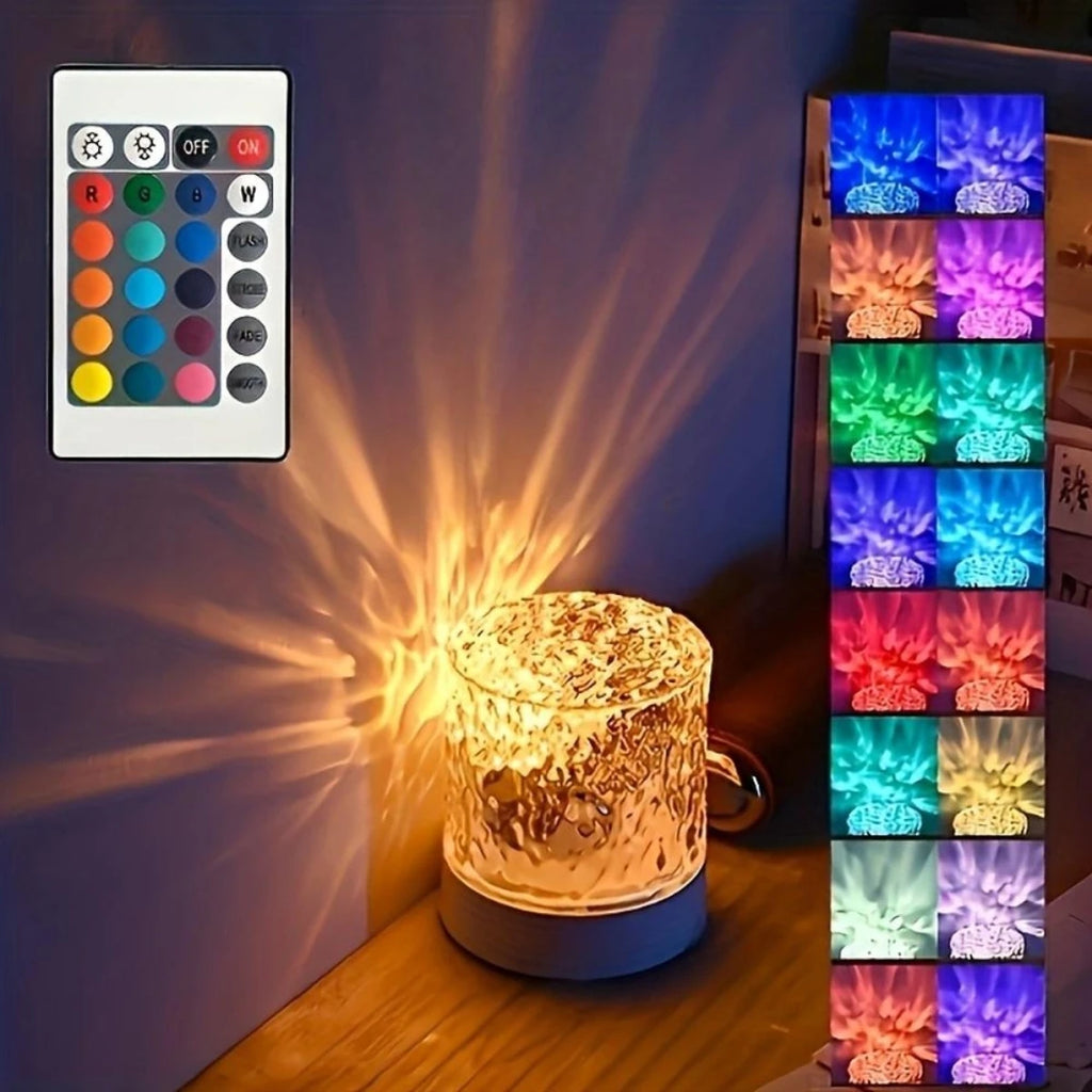 Lampe ondulation d'eau LED allumée avec télécommande et 16 couleurs