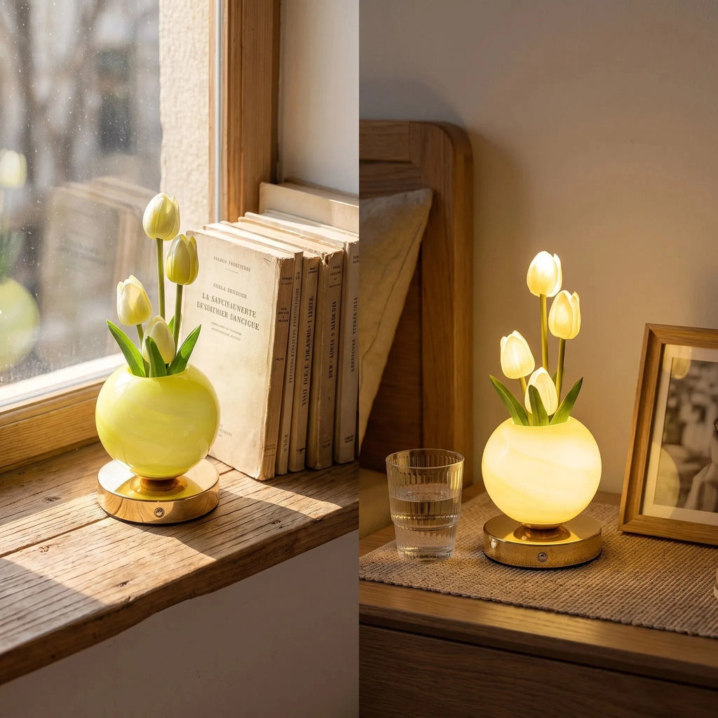Lampe tulipes jaune allumée près d'une fenêtre