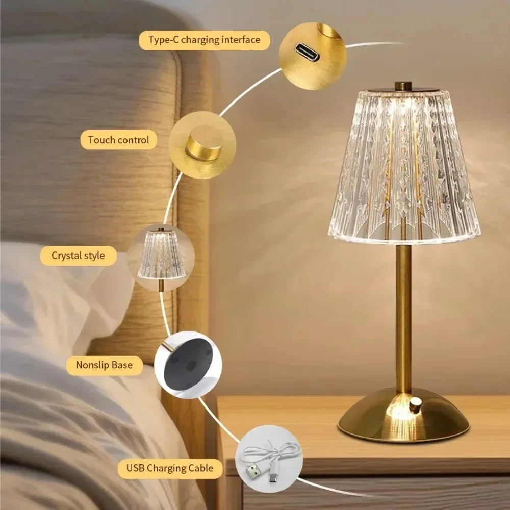 Lampe cristal diamant tactile sans fil, lampe de chevet – vue 2