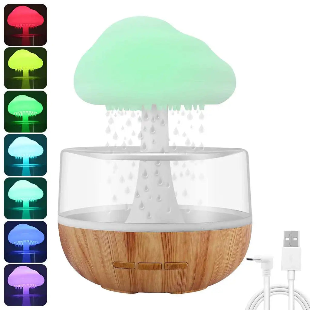 Humidificateur nuage de pluie en lumière verte avec gouttes d'eau