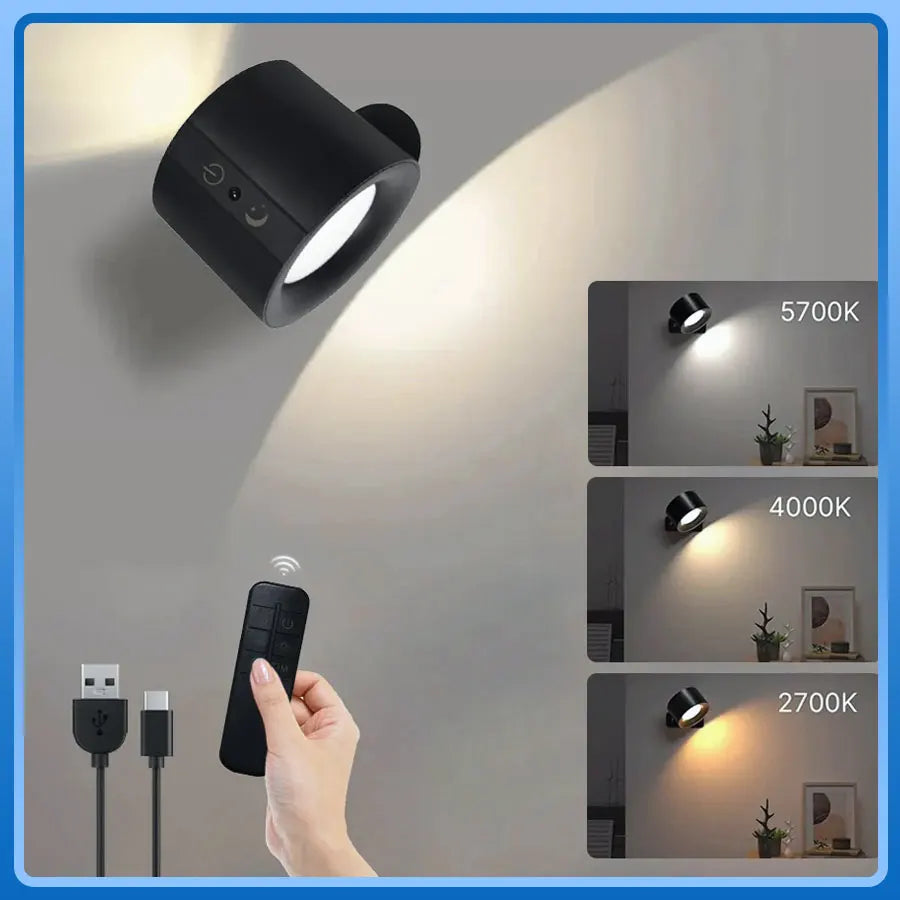 Applique murale LED double tête sans fil, rotation 360°