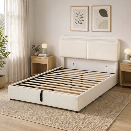 Lit coffre 160x200 velours crème installé dans une chambre claire