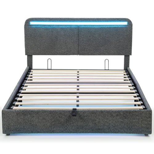 Lit coffre 140x190 en velours gris avec bandeau LED allumé et sommier à lattes relevé