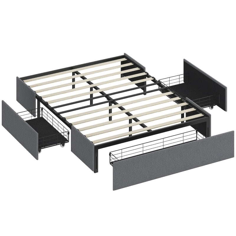 Lit 140x190 gris à 3 tiroirs de rangement, tissu effet lin