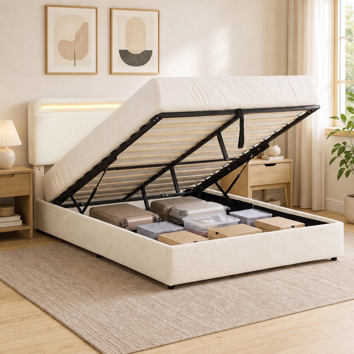 Sommier relevé du lit coffre 160x200 avec affaires rangées dans le coffre