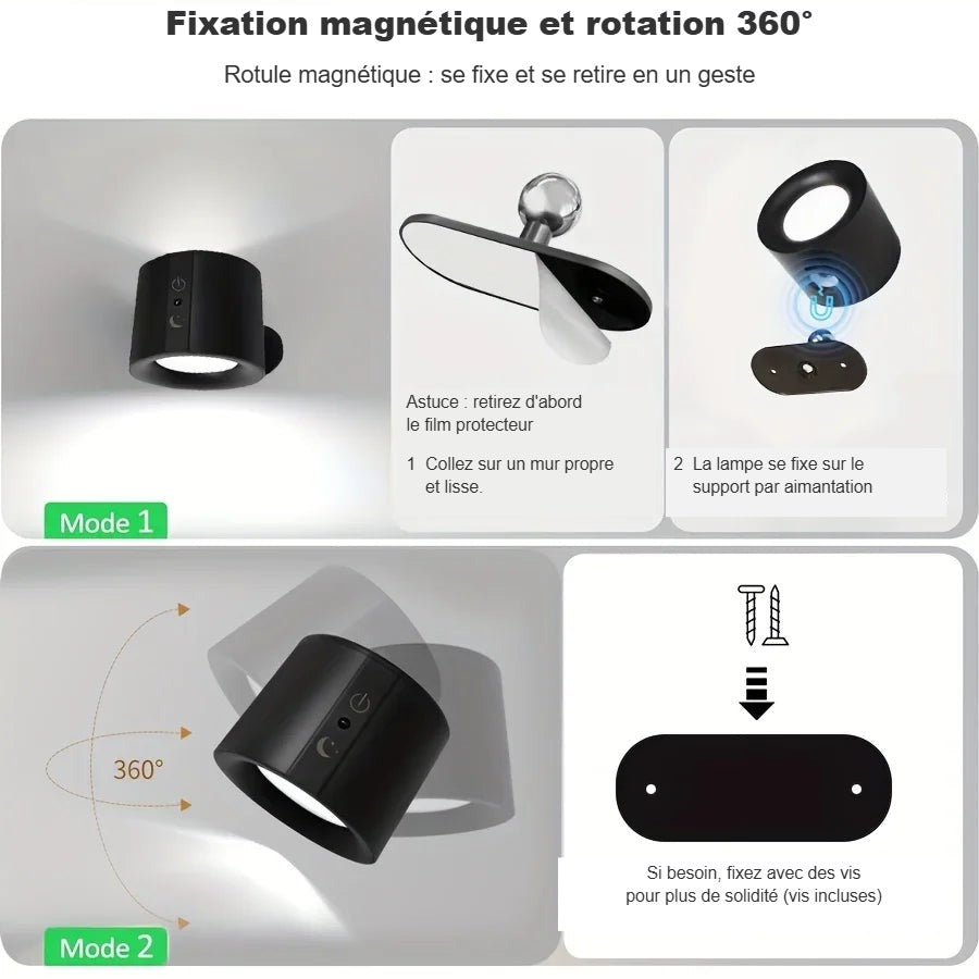Applique murale fixation magnétique rotation 360°