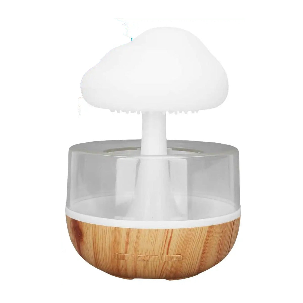 Humidificateur nuage de pluie avec socle effet bois, fond blanc