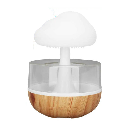 Humidificateur nuage de pluie avec socle effet bois, fond blanc