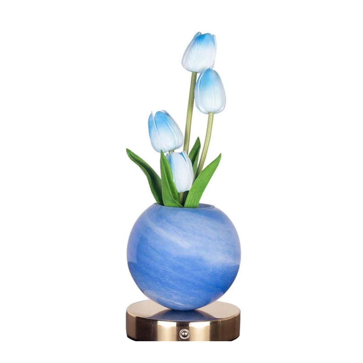 Lampe tulipes LED bleue sur boule planète, fond blanc
