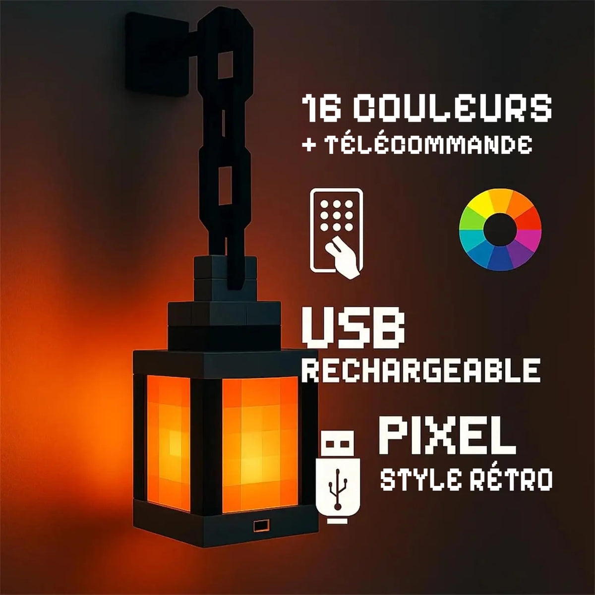 Lanterne pixel LED rechargeable 16 couleurs avec télécommande
