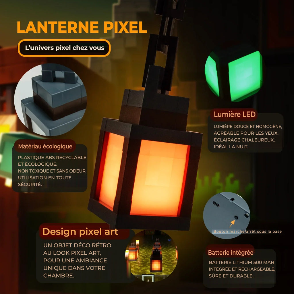 Lanterne pixel LED : lumière douce, batterie intégrée, design pixel art