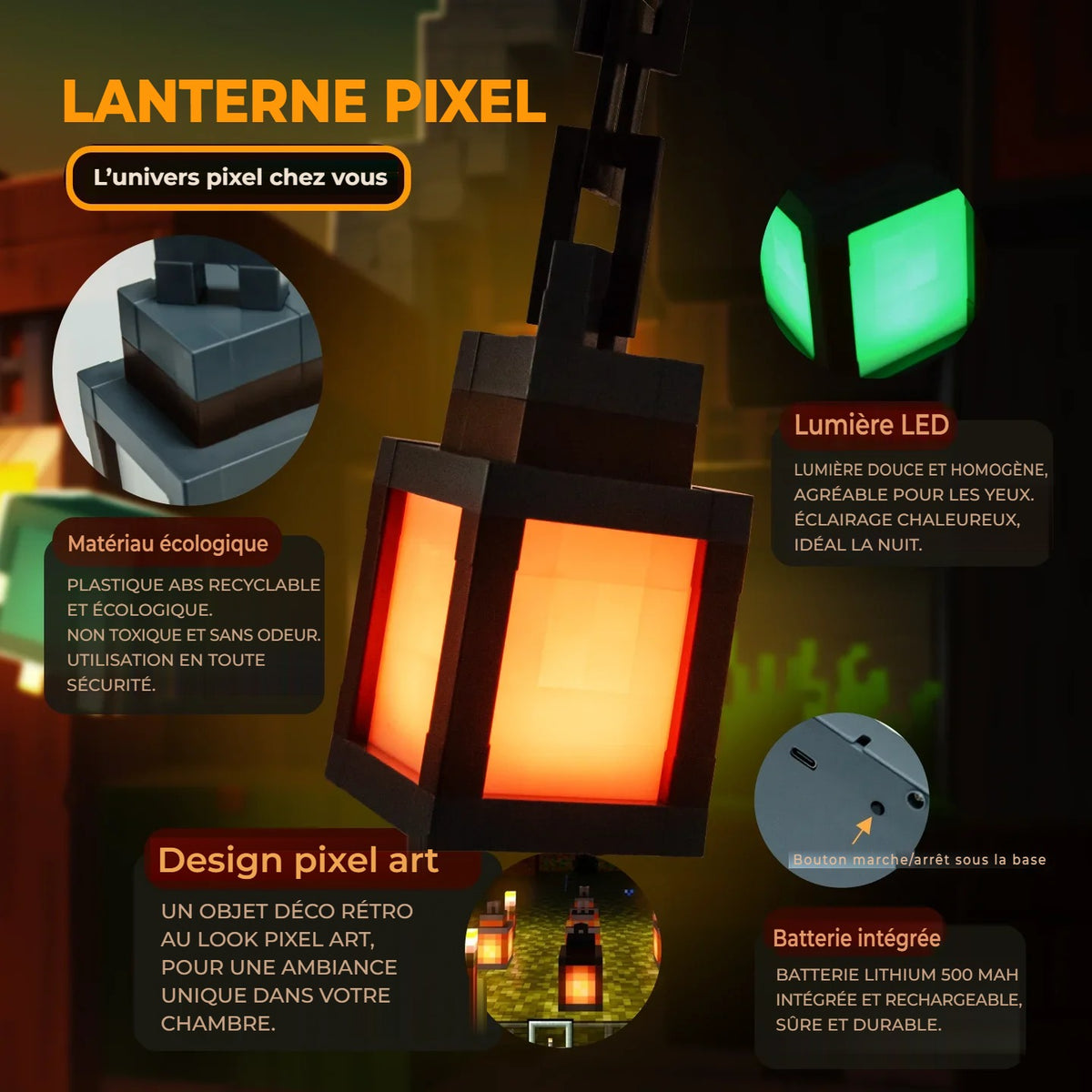 Lanterne pixel LED : lumière douce, batterie intégrée, design pixel art