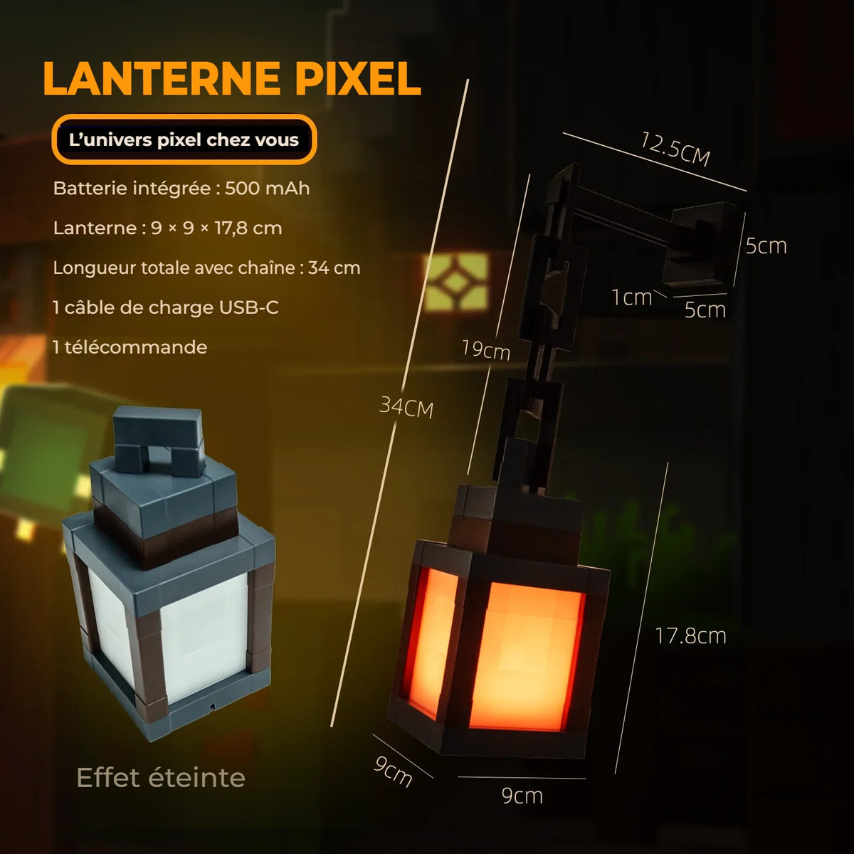 Dimensions de la lanterne pixel LED : 9 x 9 x 17,8 cm