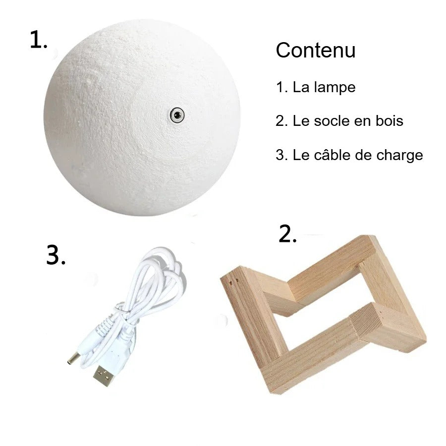 Contenu du colis : lampe lune, socle en bois et câble de charge