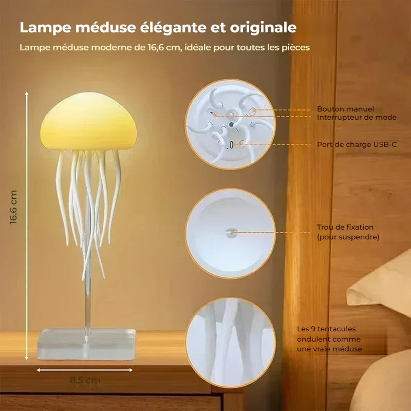 Lampe méduse : boutons, port USB-C et tentacules