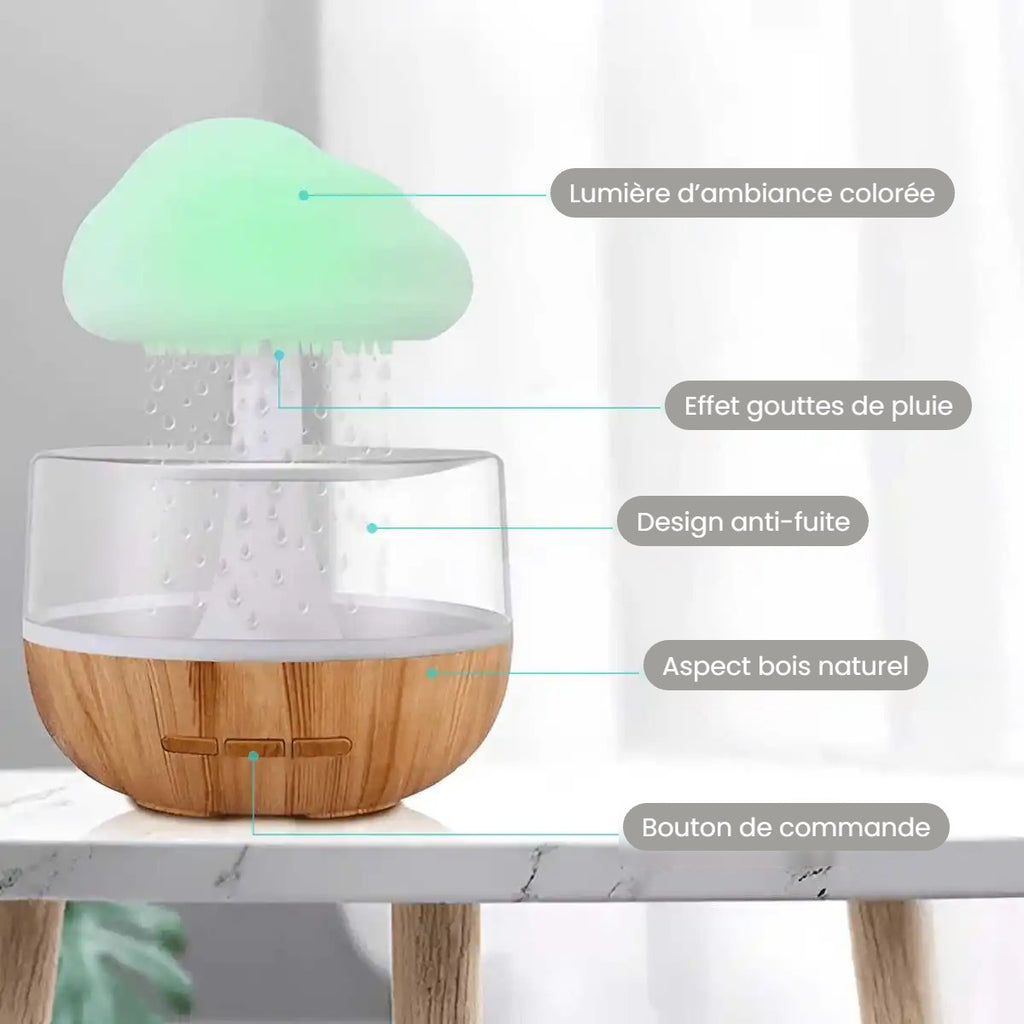 Humidificateur nuage de pluie : lumière colorée et gouttes d'eau