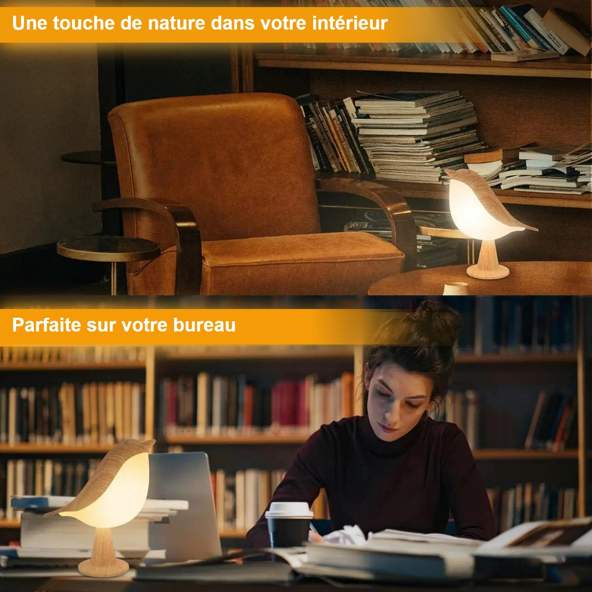 Lampe oiseau dans un salon et sur un bureau