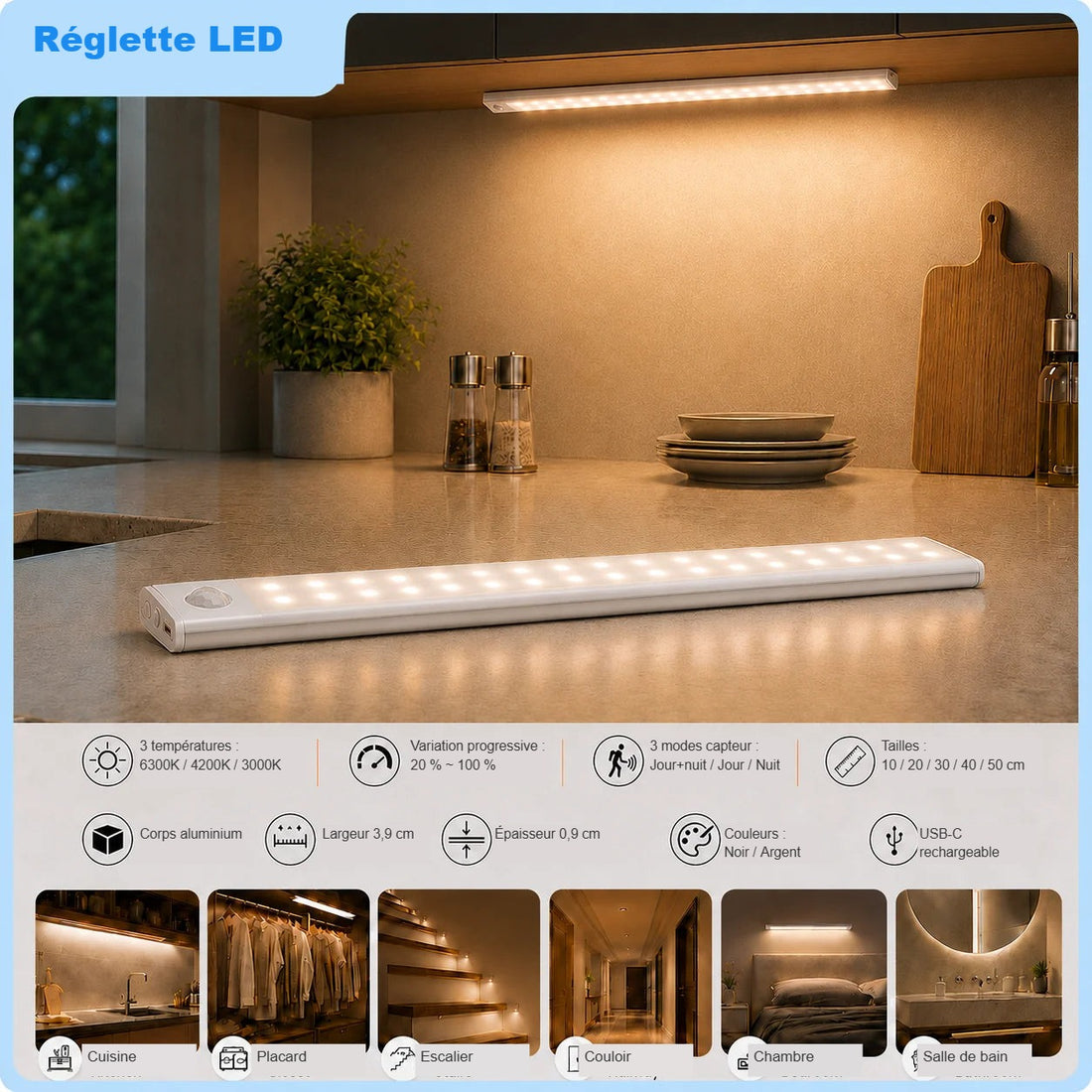 Magnetische LED-Leiste mit Bewegungsmelder – Kabellos und wiederaufladbar allumée