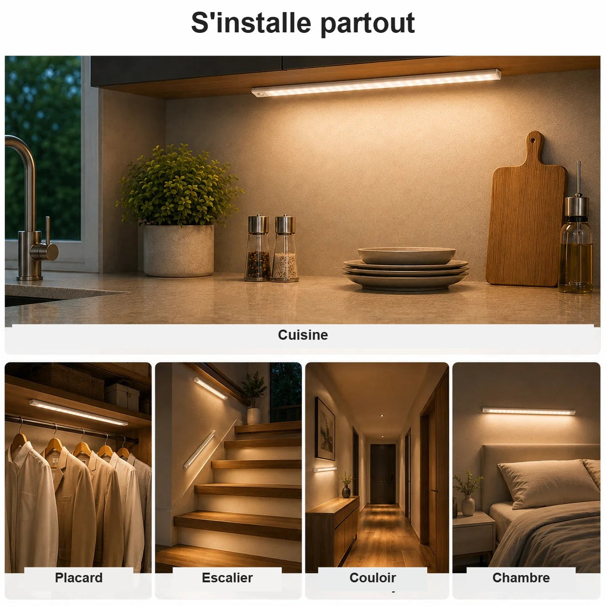 Réglette LED cuisine, placard, escalier, couloir, chambre