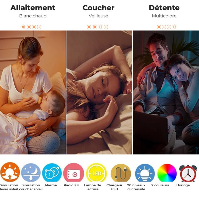 Réveil lumineux : modes allaitement, coucher et détente