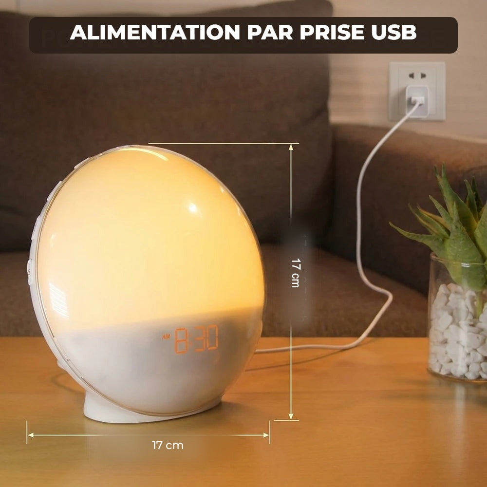 Réveil lumineux dimensions 17 cm, alimentation USB