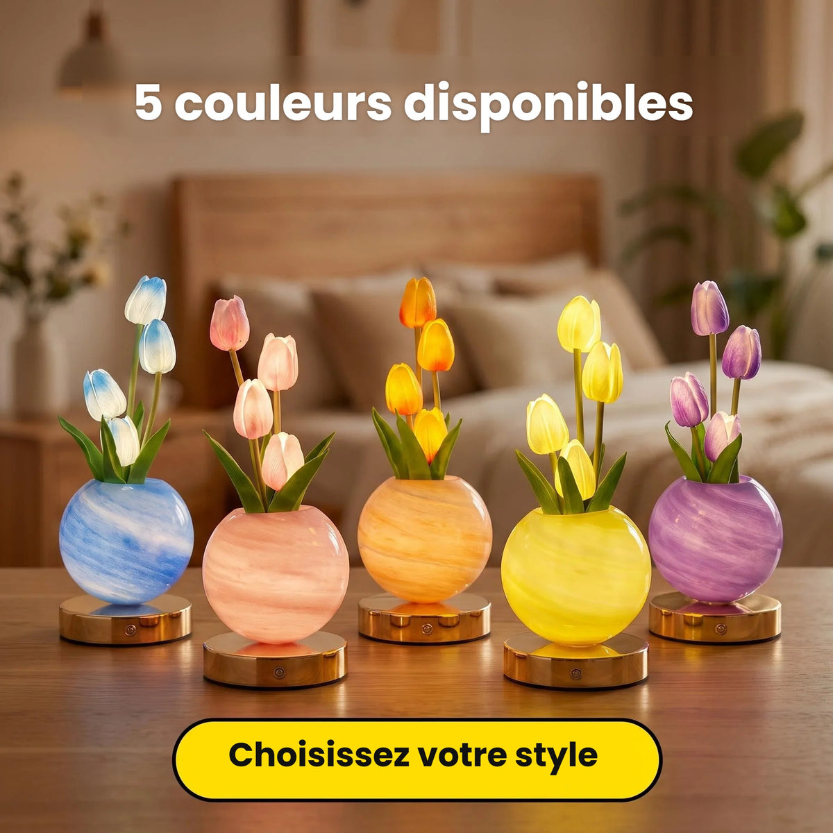 Lampes tulipes LED en 5 couleurs