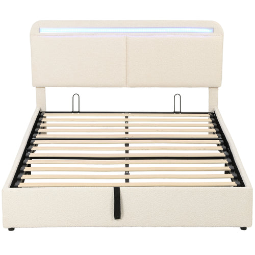 Lit coffre 160x200 en velours crème avec tête de lit LED et sommier à lattes